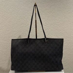 Gucci GG Canvas Tote Black Denim with Black Leather Trim